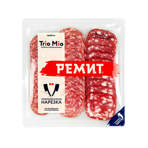 картинка Колбасы сырокопченые ассорти "Trio Mio" в нарезке. Ремит 100г – Prostor.ae