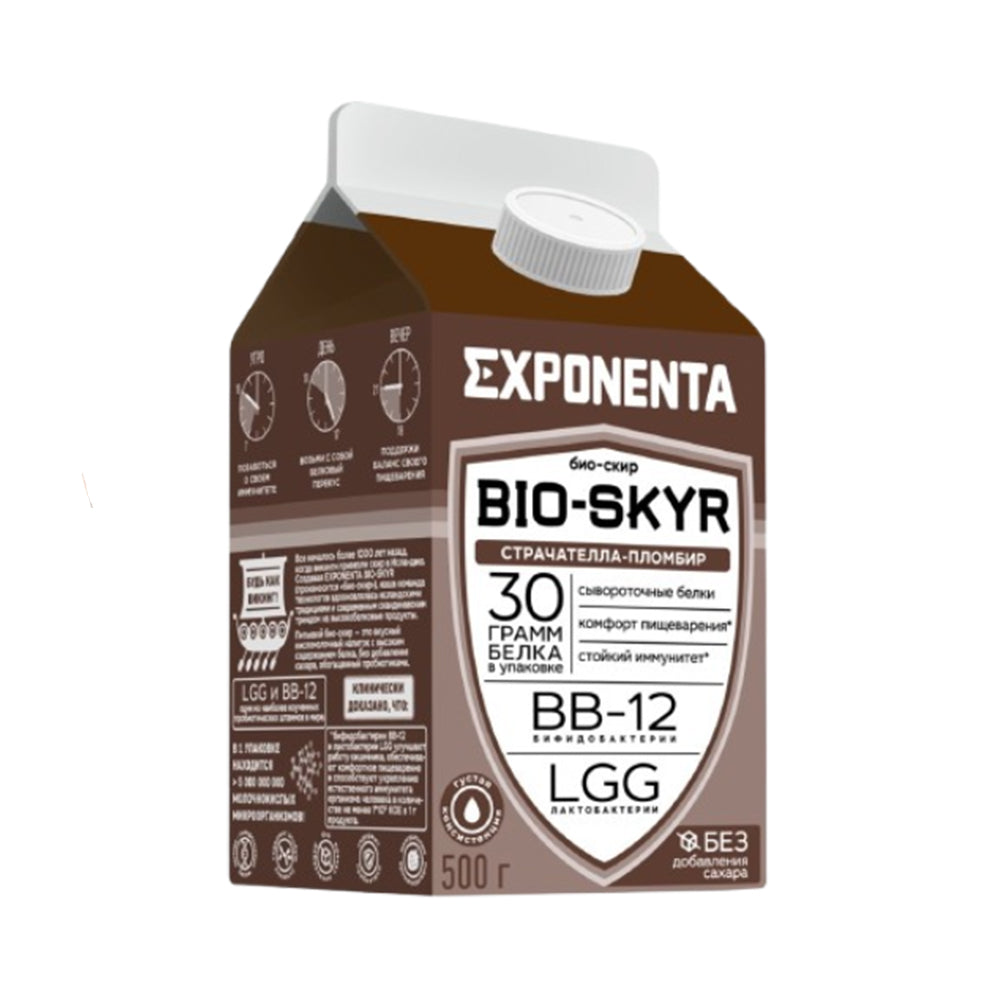 High-protein fat-free fermented milk drink with bifidobacteria BB-12 lactobacteria LGG "Exponenta BIO-SKYR 3 in 1" with stracciatella-ice cream flavor, no sugar, Exponenta (Belarus) 500g.