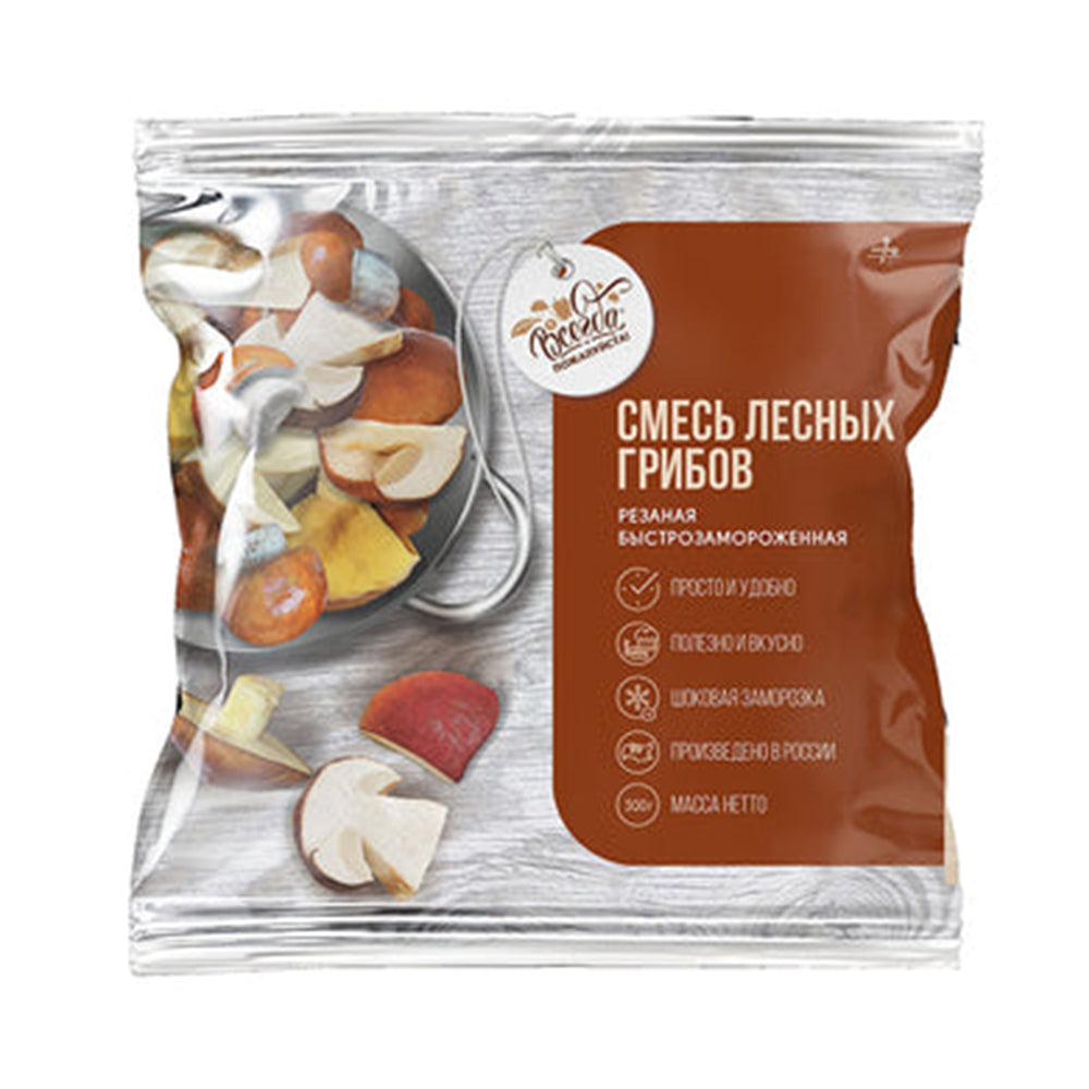 Quick-frozen sliced wild mushrooms. 300 g, always welcome.