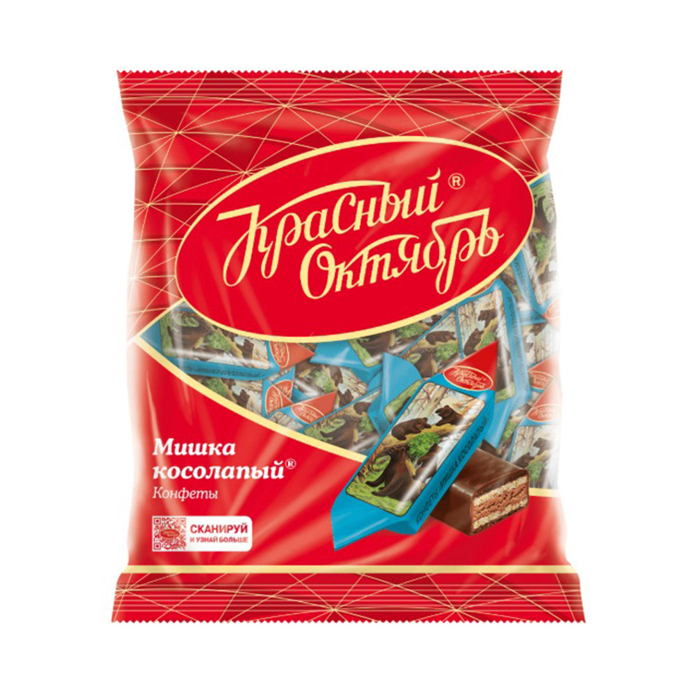 Конфеты в шоколадной глазури "Мишка косолапый" пралине из тертого миндаля с ароматом ванили между слоями вафель Красный Октябрь 200г.