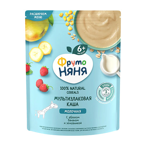 картинка Каша мультизлаковая (молочная) с яблоком, бананом и земляникой. С 6 месяцев. ФрутоНяня 200г – Prostor.ae