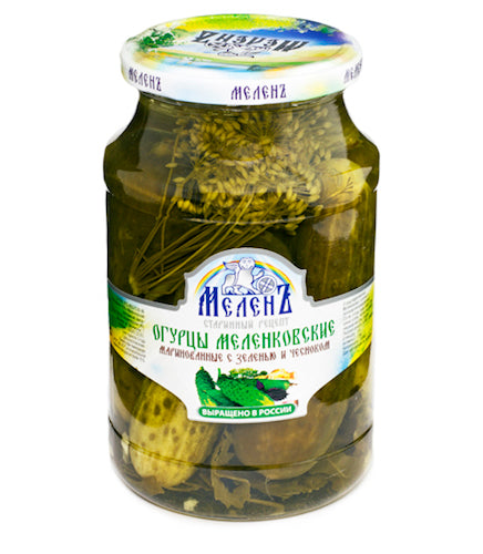 картинка Огурцы маринованные с зеленью и чесноком Мелен 900гр – Prostor.ae