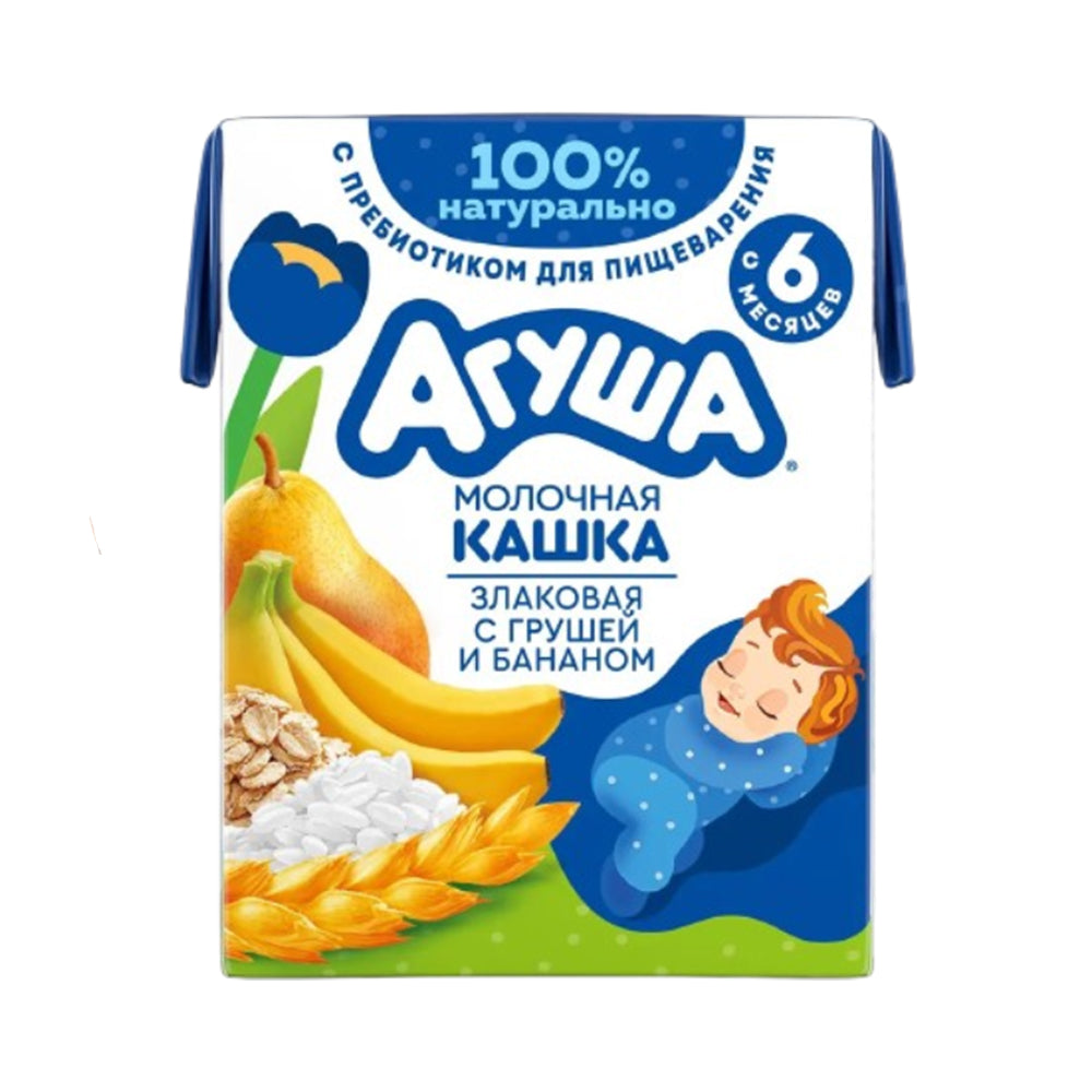 Кашка молочная злаковая груша-банан 2,7% "Засыпай-ка" натуральная с пребиотиком с 6 месяцев Агуша 200мл.