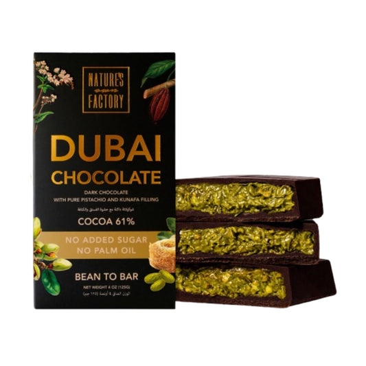 Dubai 60% Dark Chocolate with Pistachio Paste and Kunafa Filling (Sugar-Free and Palm Oil-Free) Nature's own Factory (UAE) 125g.
