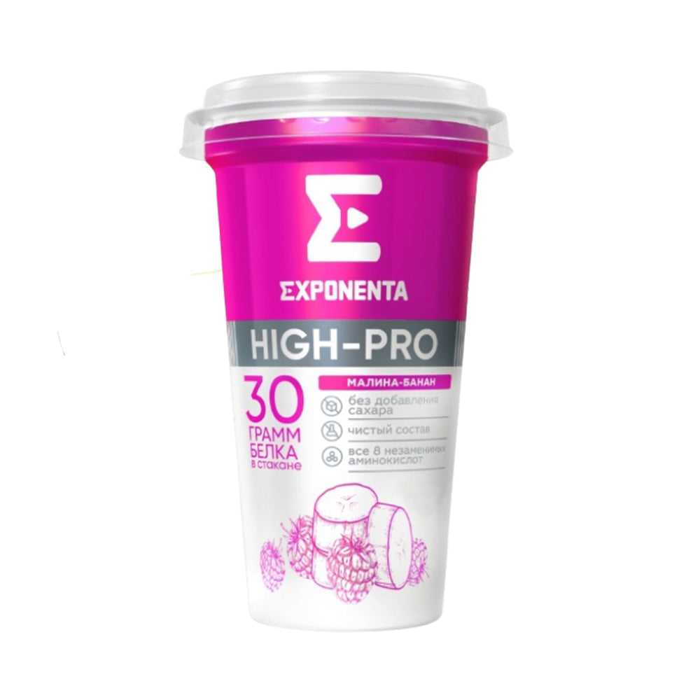 HIGH-PRO Exponenta Fat-Free Fermented Milk Drink with High Protein, Raspberry-Banana Flavor, No Sugar (Belarus) 250g.