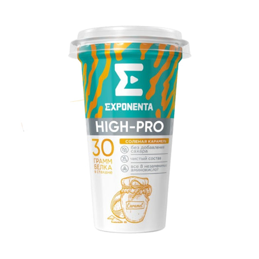 Fat-Free Fermented Milk Drink with High Protein Content "HIGH-PRO" Salted Caramel Flavor, Sugar-Free Exponenta (Belarus) 250g.