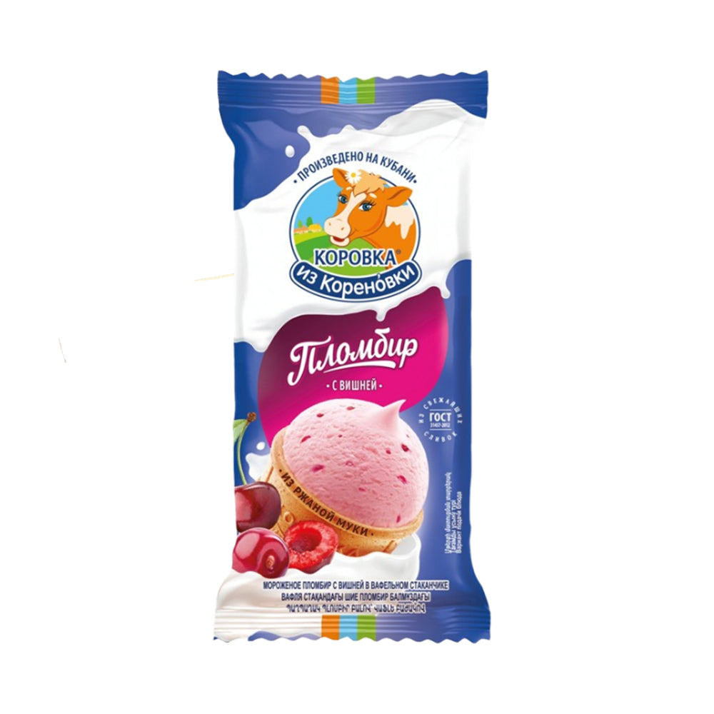 Ice cream plombir in a waffle cup with cherries GOST 15% fat "Korovka iz Korenovka" 100g