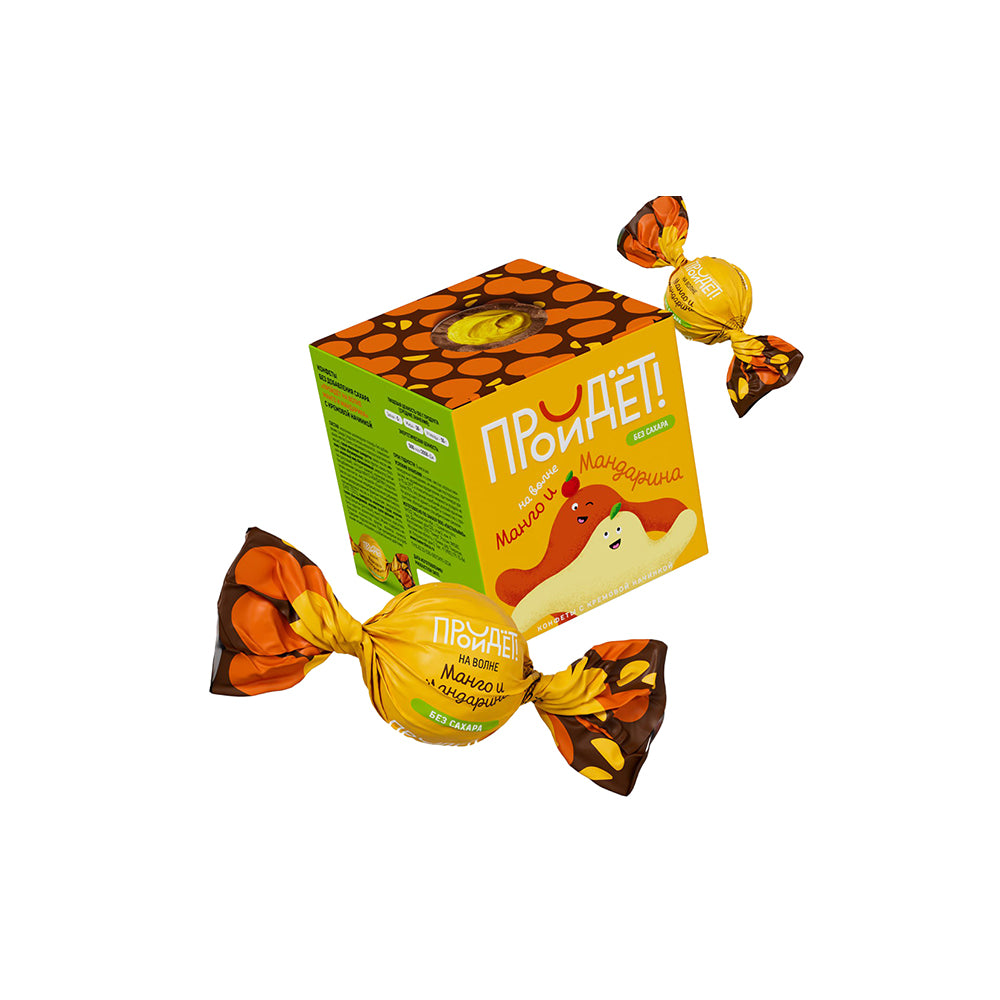 A selection of sugar-free, cream-filled candies called "Will Pass on a Wave of Mango and Tangerine." 150g