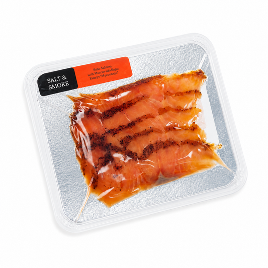 Cold-smoked coho salmon, dried with coffee and muscovado sugar (sliced), vacuum-packed, by weight (UAE) ≈100g.