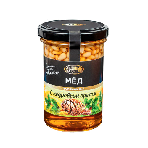 картинка Мёд натуральный с кедровым орехом. Медовый край 260г – Prostor.ae