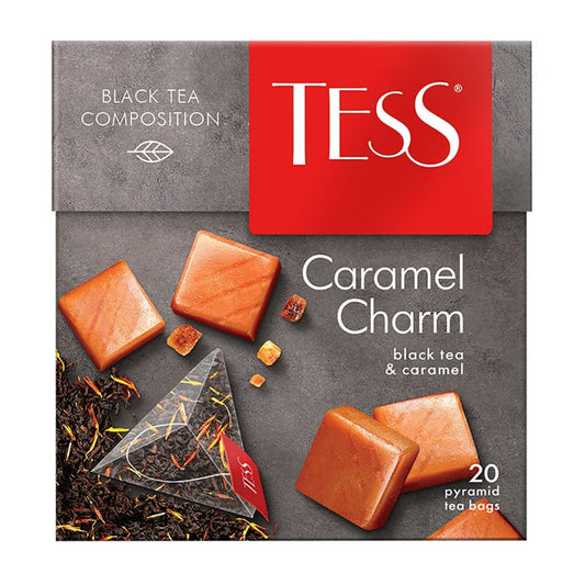 картинка Чай черный байховый с ароматом сливок и кусочками карамели "TESS Caramel Charm" (20 пирамидок) 36г – Prostor.ae