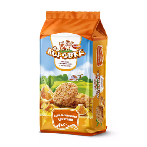 картинка Печенье "Коровка" сдобное с овсяными хлопьями и апельсиновыми цукатами. Рот-Фронт 152г – Prostor.ae