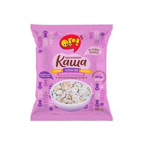 картинка Каша мультизлаковая с абрикосом, черносливом, орехом и семенами подсолнечника. ОГО 40г – Prostor.ae