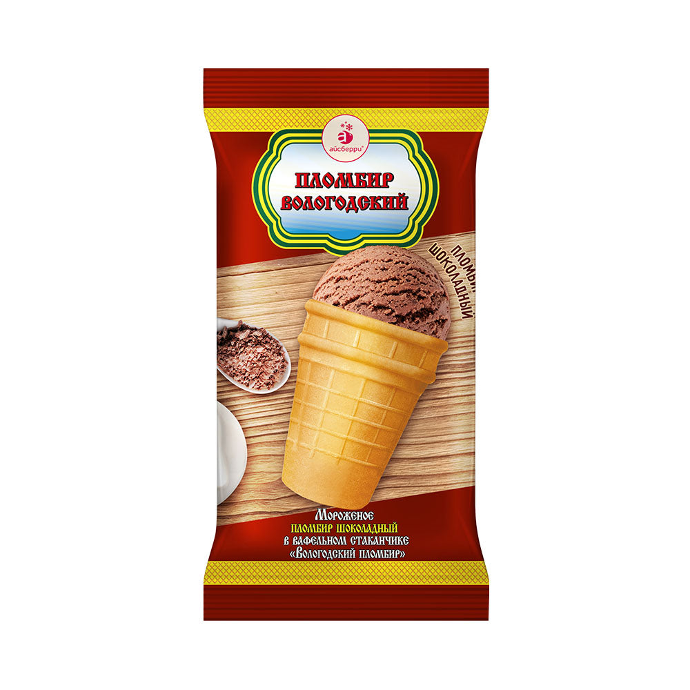 Ice cream plombir "Chocolate" in a waffle cup. Vologda plombir 100g