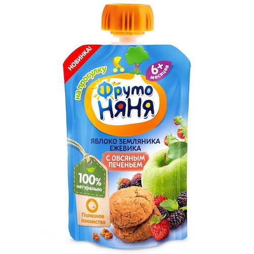 картинка Пюре яблоко/земляника/ежевика с овсяным печеньем с 6 месяцев ФрутоНяня 90г – Prostor.ae
