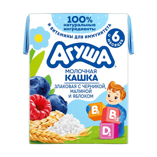 картинка Кашка молочно-злаковая с черникой, малиной и яблоком 2.7% с 6 месяцев Агуша 200 мл – Prostor.ae