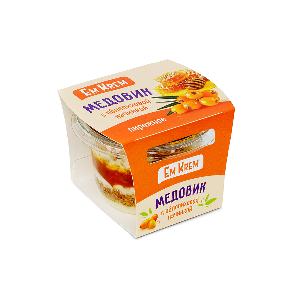 Frozen Napoleon cake with sea buckthorn filling. 100 g of bird cherry berries.