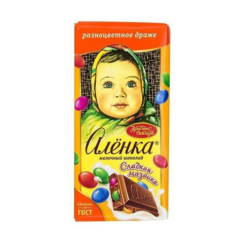 картинка Шоколадная плитка "Алёнка" с разноцветным драже Красный Октябрь 90г – Prostor.ae