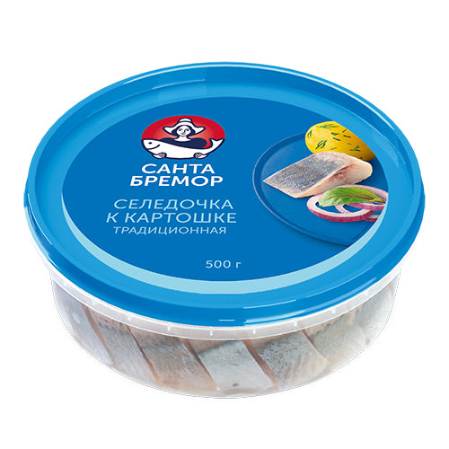 картинка Филе-кусочки сельди тихоокеанской слабосолёные "Селедочка к картошке" традиционная Санта Бремор 500г – Prostor.ae
