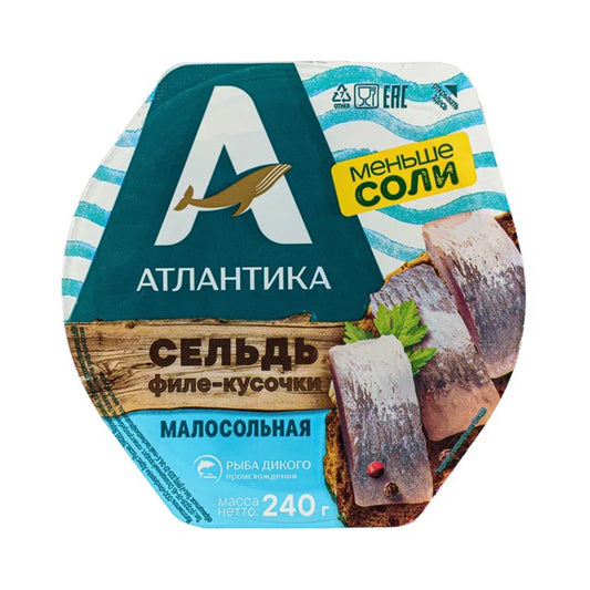 Сельдь филе-кусочки малосольная в масле Атлантика 240г.
