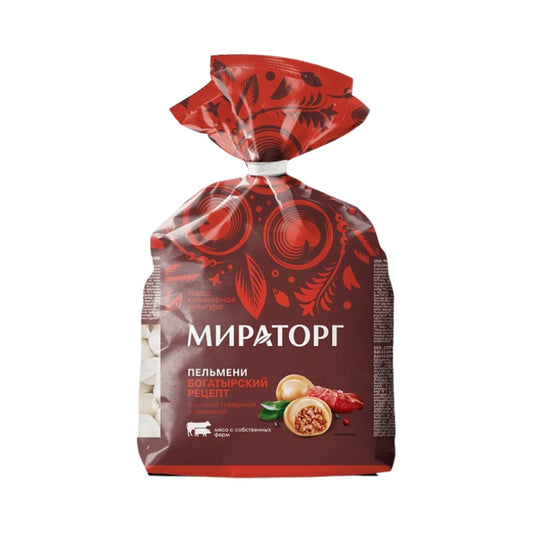 Пельмени из свинины, говядины "Богатырский рецепт" с ароматным бульоном Мираторг 700г.