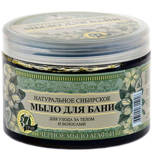 картинка Натуральное сибирское ЧЕРНОЕ МЫЛО для бани. Для ухода за телом и волосами. На основе 37 трав. "Травы и Сборы Агафьи" 500мл – Prostor.ae