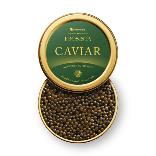 Black Sturgeon Caviar "Amur Osetra" (salt: 3.7%). Prostor.ae by Frosista 100g
