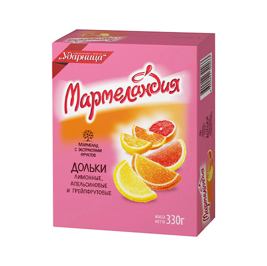 Мармелад желейные дольки со вкусом лимона, апельсина и грейпфрута. Ударница 330 г