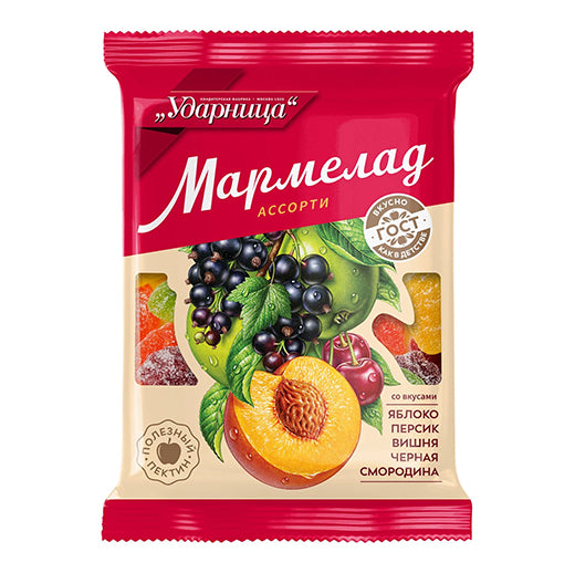 Мармелад желейный "Ассорти" со вкусом яблока, персика, вишни и чёрной смородины. Ударница 275 г
