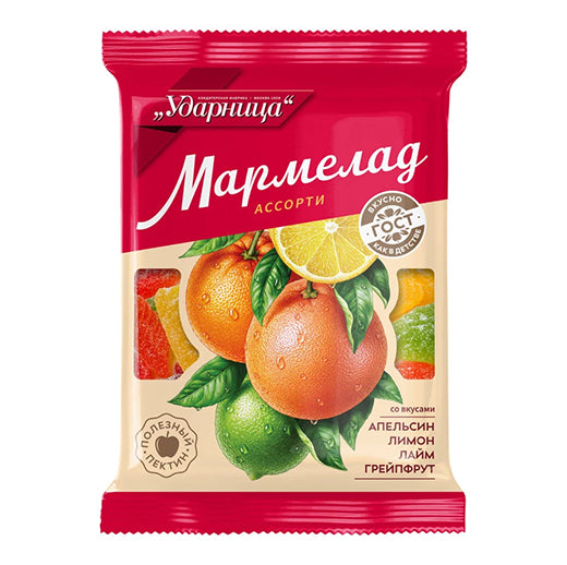 Мармелад желейный "Ассорти" со вкусом апельсина, лимона, лайма и грейпфрута. Ударница 275 г