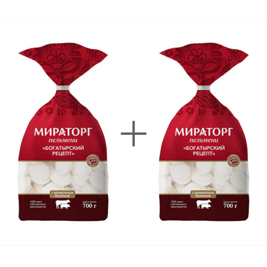 Пельмени "Богатырский рецепт" из мяса свинины и говядины с ароматным бульоном. Мираторг 2 шт по 700 г