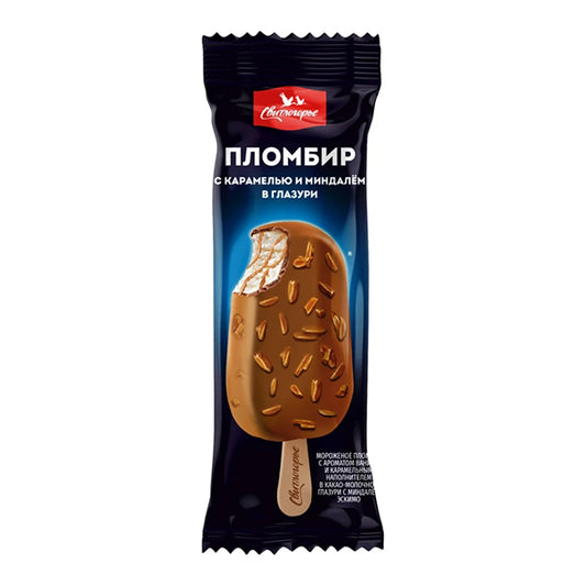 картинка Мороженое эскимо пломбир с карамелью и миндалем в какао-молочной глазури &quot;Свитлогорье&quot; 80г – Prostor.ae