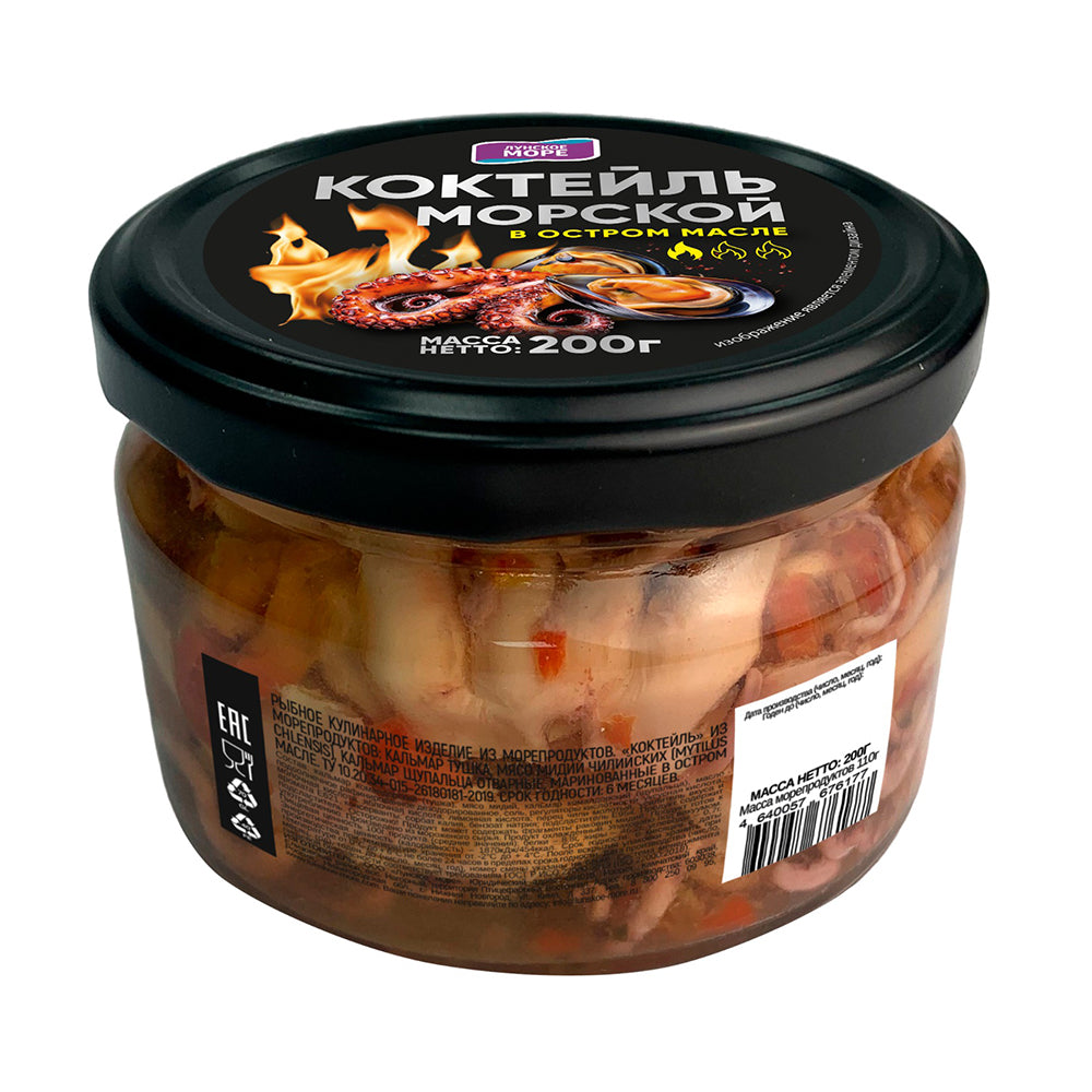 Морской коктейль: кальмар, щупальца, мидии в остром масле. Лунское море 200 г