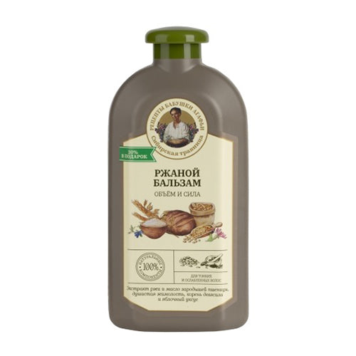 картинка Бальзам "Объем и сила. Ржаной". Для тонких и ослабленных волос. На основе экстракта ржи и масла зародышей пшеницы, душистой жимолости, корня девясила и яблочного уксуса. "Рецепты Бабушки Агафьи" 500мл – Prostor.ae