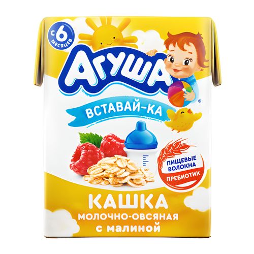картинка Кашка молочно-овсяная с малиной "Вставай-ка" 2,5%. С 6 месяцев. Агуша 200мл – Prostor.ae