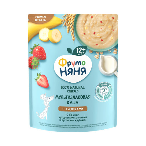 картинка Каша мультизлаковая с бананом, кукурузными хлопьями и кусочками клубники. С 12 месяцев. ФрутоНяня 200г – Prostor.ae