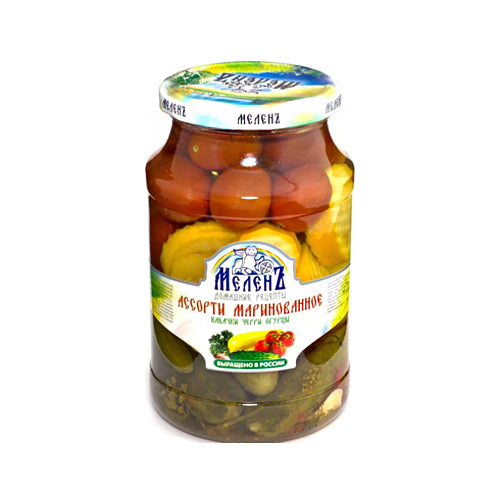 картинка Ассорти маринованные: кабачки, черри, огурцы (с уксусом) Мелен 900г – Prostor.ae