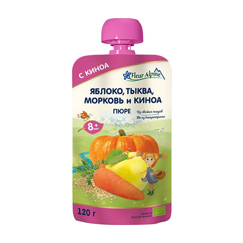 картинка Пюре детское "Яблоко, тыква, морковь и киноа" с 8 месяцев "Fleur Alpine" 120г – Prostor.ae