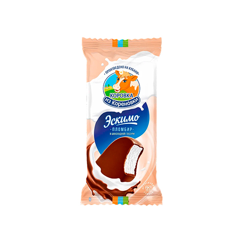 картинка Мороженое пломбир "Эскимо" ванильный в шоколадной глазури 15% жирности ГОСТ  "Коровка из кореновки" 70г – Prostor.ae