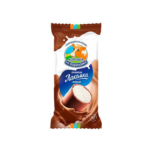 картинка Мороженое пломбир "Лакомка" ванильный в шоколадно-сливочной глазури 15% жирности ГОСТ  "Коровка из кореновки" 90г – Prostor.ae
