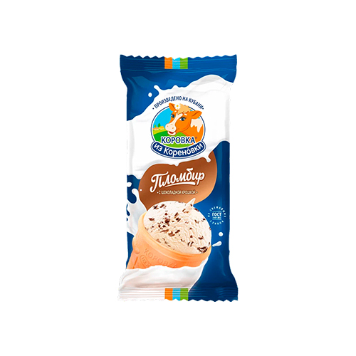 картинка Мороженое пломбир "Ванильный с шоколадной крошкой" в вафельном стаканчике 15% жирности ГОСТ  "Коровка из кореновки" 80г – Prostor.ae