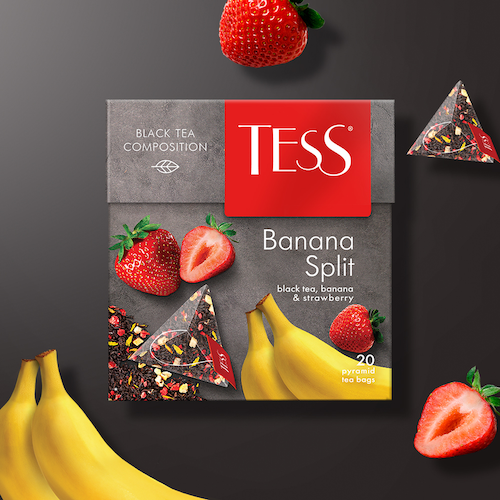 картинка Чай черный байховый с ароматом банана и клубники и растительными компонентами "TESS Banana Split" (20 пирамидок) 36г. – Prostor.ae