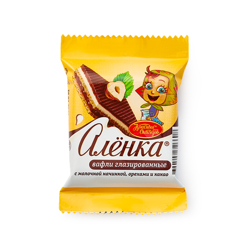 картинка Вафли "Алёнка" с молочной начинкой, орехами и какао Красный Октябрь 20г – Prostor.ae