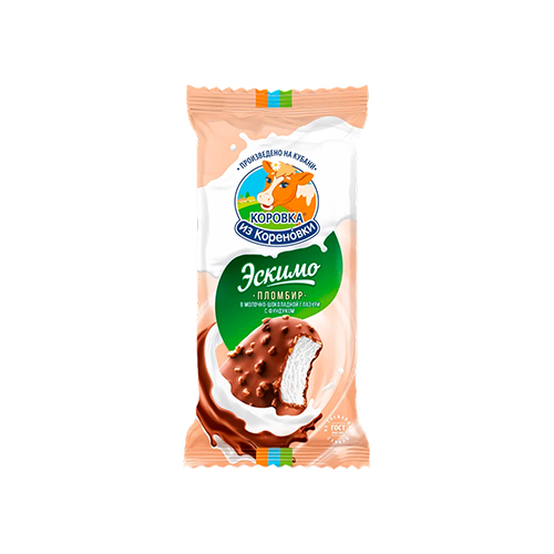 картинка Мороженое пломбир "Эскимо" ванильный в молочно-шоколадной глазури с фундуком 15% жирности ГОСТ  "Коровка из кореновки" 70г – Prostor.ae