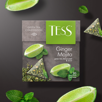 картинка Чай зелёный байховый с ароматом мяты и лайма и растительными компонентами "TESS Ginger Mojito" (20 пирамидок) 36г. – Prostor.ae