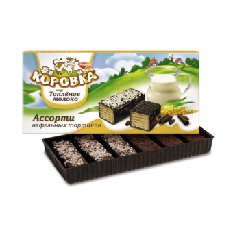 картинка Ассорти из 6 вафельных тортиков с начинкой из цельного молока в шоколадной глазури со светлой и тёмной шоколадной крошкой "Коровка" Рот-Фронт 200г – Prostor.ae