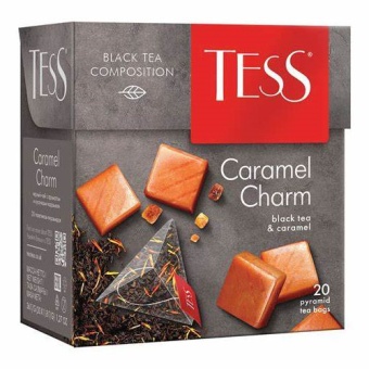 картинка Чай черный байховый с ароматом сливок и кусочками карамели и растительными компонентами "TESS Caramel Charm" (20 пирамидок) 36г. – Prostor.ae